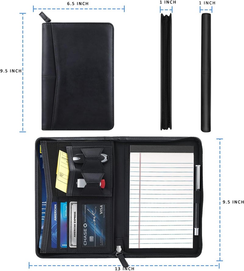 Gorbado Small Portfolio Organizer, A5 Zippered Business Portfolio, Junior Padfolio Folder Binder for Women & Men, 5 x 8 Writing Pad Included, Black - Image 4